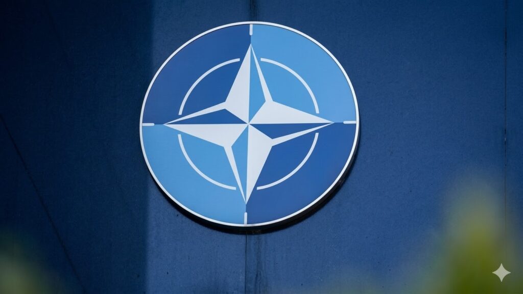 nato Емблема Організації Північноатлантичного договору (НАТО) на синьому фоні, офіційний логотип до Дня заснування Альянсу 4 квітня