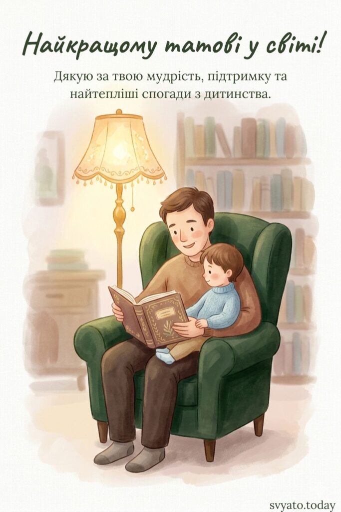 den-batka 3 Малюнок батька, який читає книгу малюкові на кріслі, привітання до ддня батька